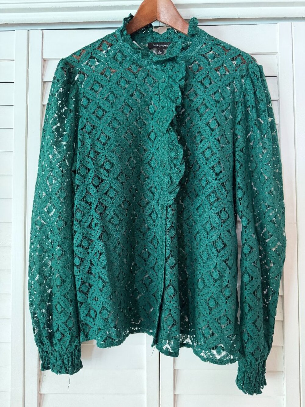 Calligraphie Emerald Green Lace Ruffle Blouse Mock Neck - Size L